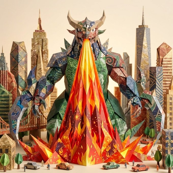 A vibrant paper craft diorama features a massive dragon-like monster breathing a towering pillar of fire over a miniature city skyline, with tiny cars, trees, and human figures scattered around the base of the flames.
