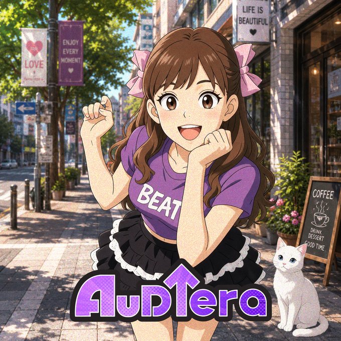 The image features an anime character named Audera, who is wearing a purple shirt with "Beats" written on it. She has long brown hair and is posing for the camera while smiling. A cat can be seen sitting next to her, adding to the cute atmosphere of the scene. The background includes a city street lined with trees and buildings, giving the impression that Audera is in an urban setting. There are also signs visible in the image, which may provide information about the location or events happening around Audera's world.