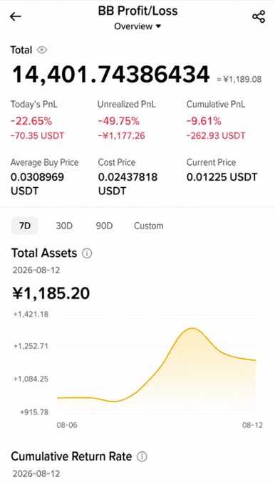 A mobile trading app screenshot showing a 'BB Profit/Loss Overview' with a total of 14,401.74386434, displaying significant losses including Today's PnL of -22.65% (-70.35 USDT) and Unrealized PnL of -49.75% (-¥1,177.26).