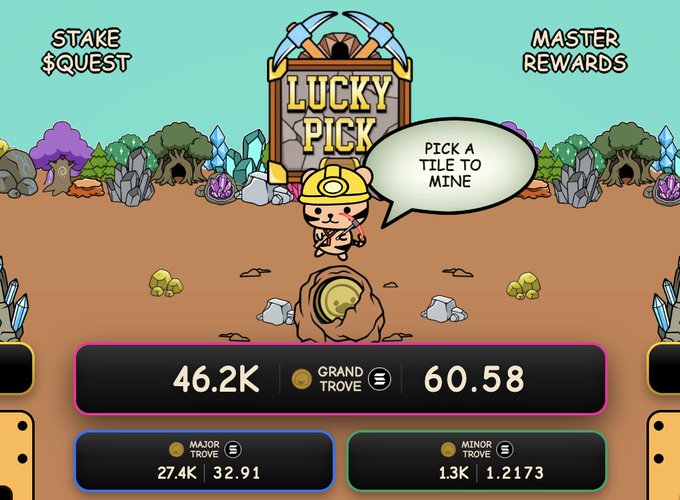 A screenshot of a 'Lucky Pick' game interface where a miner character invites the player to 'Pick a tile to mine,' showing a Grand Trove of 46.2K and other reward tiers.