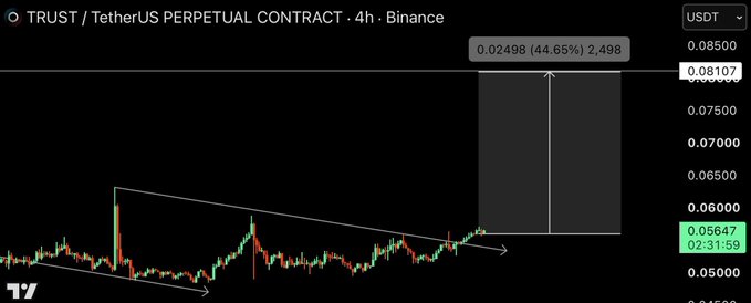 A 4-hour Binance perpetual contract chart for the TRUST/USDT ticker shows a descending channel pattern, with the price recently breaking out and surging 44.65% to 0.02498, aligning with the trader's long position entry.