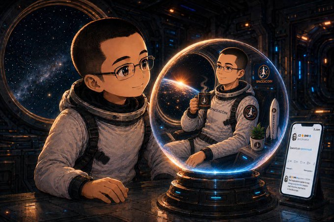 A young boy in an astronaut suit peers into a glowing crystal ball that reveals a future scene of him sipping coffee, with a SpaceX rocket visible in the background. A smartphone displays "$SPACEXCOIN" chat messages, symbolizing how the crypto community's early prediction is now manifesting into reality.