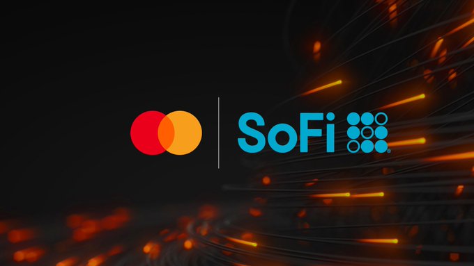 The image displays the Mastercard logo alongside the SoFi logo against a dark background featuring glowing orange fiber-optic strands. The visual pairs the two brands to illustrate the just-launched partnership enabling stablecoin settlement across SoFi's full debit and credit card program.