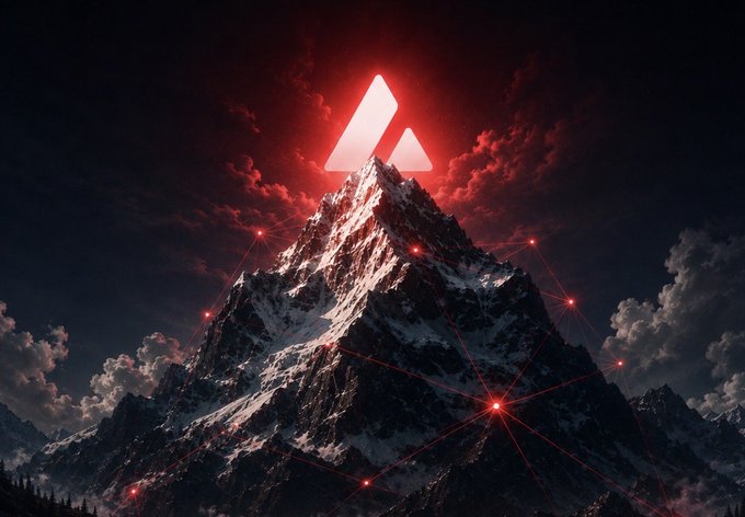 A dark, dramatic image of a snow-capped mountain peak under a cloudy night sky, with a glowing red triangular logo above it and red network connection lines crisscrossing the scene.