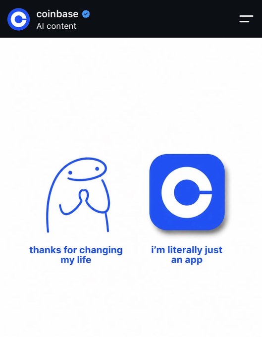 A Coinbase Instagram post features two illustrations side by side: a simple line drawing of a figure with clasped hands captioned "thanks for changing my life" next to the Coinbase app icon captioned "i'm literally just an app," humorously hinting at the $FLORK meme trend.