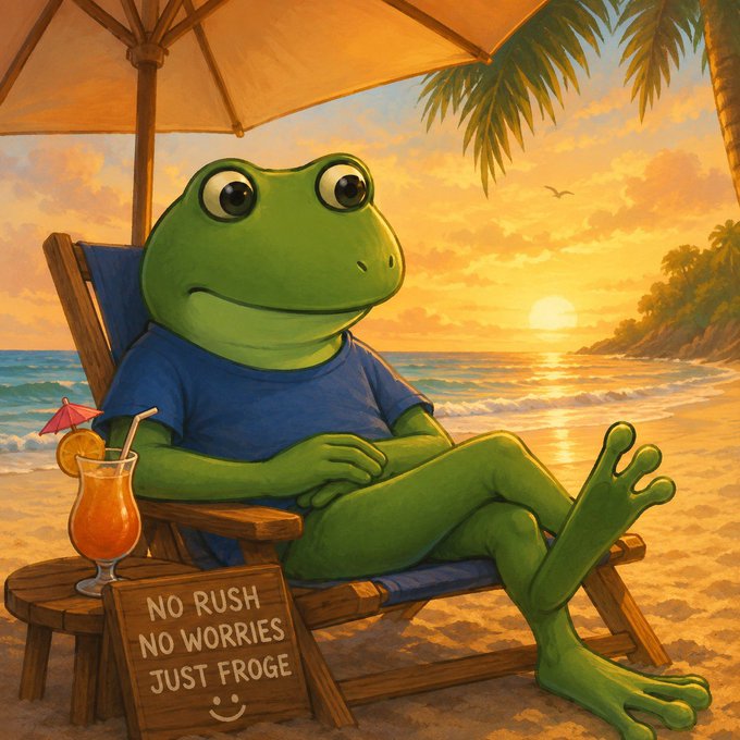 An illustration of a green frog wearing a blue shirt, relaxing in a beach chair under an orange umbrella with a tropical cocktail nearby; a wooden sign reads 'NO RUSH NO WORRIES JUST FROGE' with a smiley face.