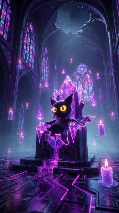 Fantasy artwork of a small black cat with glowing yellow eyes sitting on a glowing purple crystal throne inside a dark gothic cathedral with stained glass windows and floating candles.