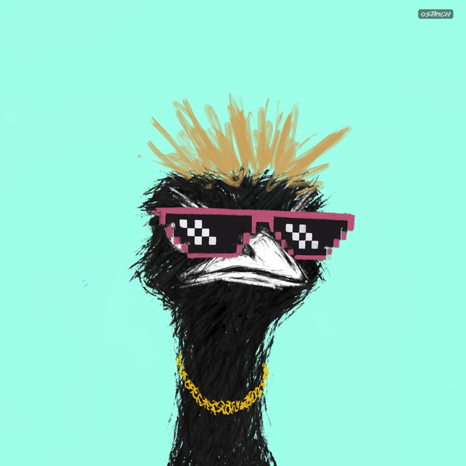 A stylized illustration of an ostrich wearing pixelated pink sunglasses and a gold chain necklace against a light green background, labeled 'OSTRICH' in the corner.