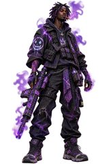 Anime-style character design of a soldier in dark purple and black tactical gear holding a rifle, surrounded by purple flame-like energy effects.