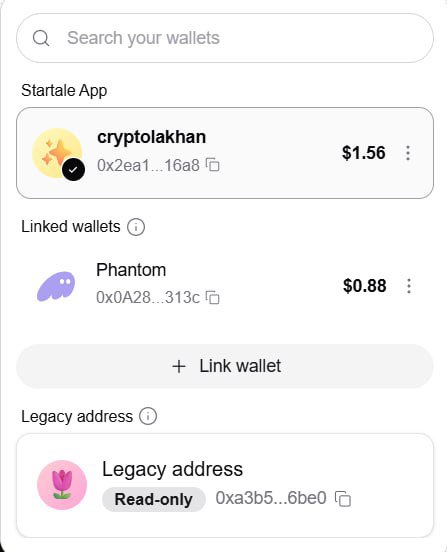 The image shows a Startale wallet interface displaying a search bar, a primary wallet labeled "cryptolakhan" with a balance of $1.56 (address 0x2ea1...16a8), a linked Phantom wallet showing $0.88, and a "Legacy address" marked as Read-only (0xa3b5...6be0). This visually supports the user's complaint by showing their new Startale wallet holds only $1.56, implying that funds previously held in the legacy address were not properly transferred during the wallet conversion.