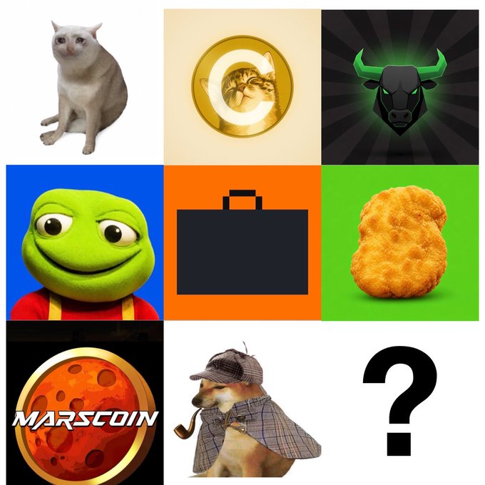 A 3x3 grid of crypto-themed meme imagery, including a cat, a hamster in a coin, a green bull, Pepe the Frog, a briefcase, a chicken nugget, "MARSCOIN," a detective dog, and a question mark—visually representing popular meme coins the poster believes are the strongest, with the "?" inviting viewers to suggest which one is missing.