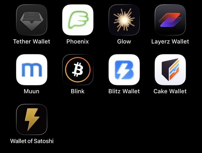 A grid of nine cryptocurrency wallet app icons including Tether Wallet, Phoenix, Glow, Layerz Wallet, Muun, Blink, Blitz Wallet, Cake Wallet, and Wallet of Satoshi.