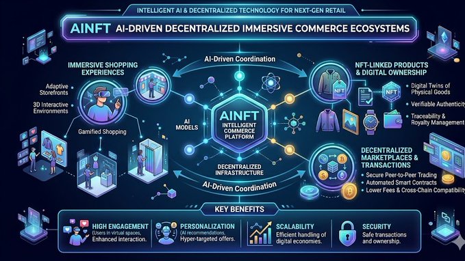 The image is a graphic representation of an AI-driven commerce ecosystem with various elements related to immersive retail experiences such as virtual shopping, personalized online services, and blockchain technology. The post suggests that this type of ecosystem could potentially revolutionize the way people engage in commerce by enabling immersive digital experiences through AI.