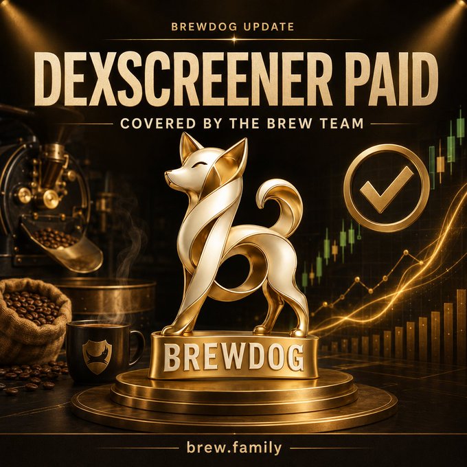 A promotional graphic announcing "DEXSCREENER PAID - COVERED BY THE BREW TEAM" features a golden Brewdog statue alongside coffee-related imagery and crypto trading charts, visually representing the covered Dexscreener listing fees for the Brewdog project at brew.family.