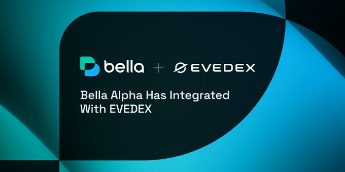 A graphic announcement featuring the Bella and EVEDEX logos with a plus sign between them, accompanied by the text "Bella Alpha Has Integrated With EVEDEX," visually promoting the new partnership where Bella Alpha will provide real-time perpetual trading signals to users of the EVEDEX trading platform.