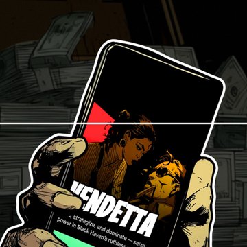 A stylized illustration of a hand holding a smartphone displaying a video game or app titled 'VENDETTA' with a woman holding a gun, set against a background of money and bullets.