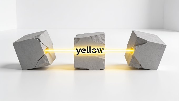 A glowing yellow neon line pierces through three concrete blocks, with the text "yellow" appearing across the central block, visually symbolizing how Yellow's SDK cuts through the fragmented, clunky barriers of Web3 to deliver seamless cross-chain execution.