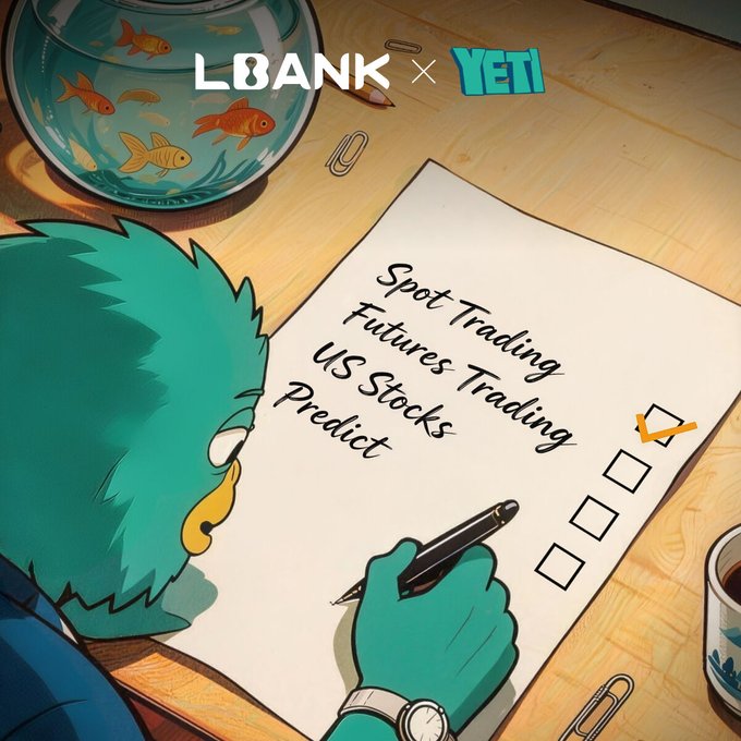 A teal-haired cartoon character checks off "Spot Trading" on a paperclip-clipped checklist that also lists "Futures Trading," "US Stocks," and "Predict," under the "LBANK × YETI" branding, illustrating the post's message of expanding from one market to multiple trading options.