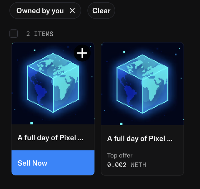 A digital marketplace interface showing two items titled "A full day of Pixel..." featuring blue globe graphics, one with a "Sell Now" button and another with a "Top offer 0.002 WETH".