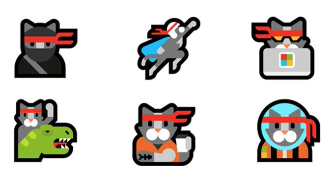 Six cartoon cat icons dressed as ninjas are displayed, each wearing a red headband and depicted in various roles including a scuba diver, computer hacker, crocodile rider, prisoner, and astronaut.