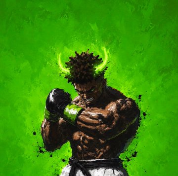 Digital illustration of a muscular anime-style boxer with glowing green spiky hair, identified visually as a fusion of characters from Dragon Ball and Street Fighter.