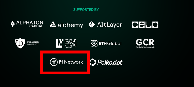A "SUPPORTED BY" sponsor slide showing various crypto and tech logos, with a red rectangle highlighting the "Pi Network" logo among names like Alchemy, CELO, Polkadot, and Draper University.