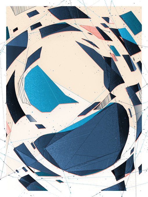 A piece of abstract art with a white background, featuring blue shapes scattered across different areas, including triangles, circles, and rectangles. A watermark in the bottom right corner reads "@toThePixel" which could possibly be a reference or credit to the artist's work.