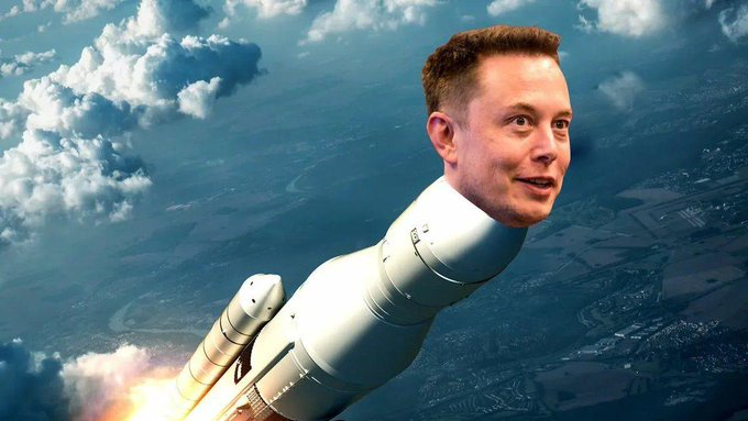 A digital composite showing his head photoshopped onto a rocket launching into the sky above Earth.