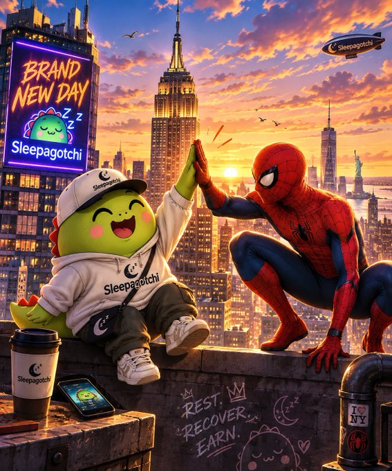 Spider-Man high-fives a green dinosaur mascot wearing a "Sleepagotchi" hoodie and cap, while the Statue of Liberty, Empire State Building, and a "BRAND NEW DAY Sleepagotchi" billboard light up the city skyline at sunrise. Graffiti on the rooftop reads "REST. RECOVER. EARN.," tying the superhero crossover to the brand's sleep-and-reward theme.