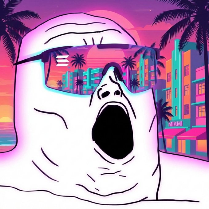 A cartoon ghost wearing visor sunglasses screams in front of a vibrant Miami Vice-style cityscape at sunset, with the word "MIAMI" visible on a building. The image is a playful nod to Solana's "Miami" meme culture, fitting the post's excitement about Solana looking incredible.