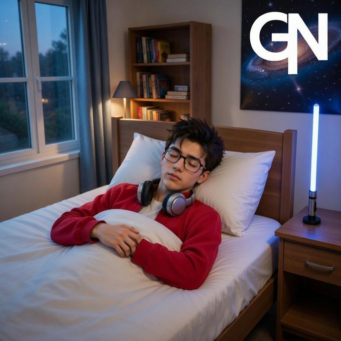 The image shows a young man sleeping peacefully in bed with headphones on his head, wearing glasses and a red shirt. The scene takes place in a bedroom setting, with a window visible behind him. There are multiple books scattered around the room, suggesting that the person might be an avid reader or studying. The post about Tria Crypto is related to the image because it talks about simplifying complex financial tasks using self-custodial finance apps like @useTria. This app helps users manage their finances more efficiently by providing a centralized location for managing multiple wallets, switching networks, and paying fees across different blockchains.
