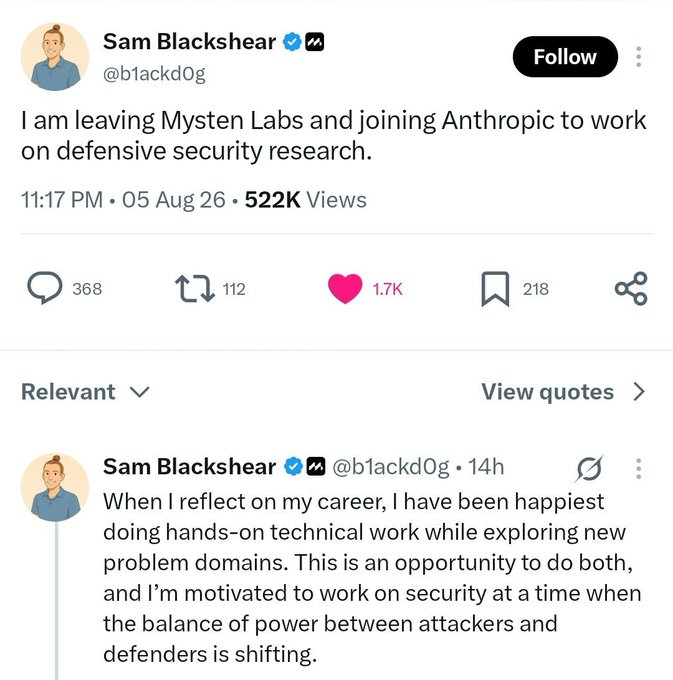 A Twitter/X post by Sam Blackshear (@b1ackd0g) announcing he is leaving Mysten Labs to join Anthropic for defensive security research, posted on 05 Aug 26.