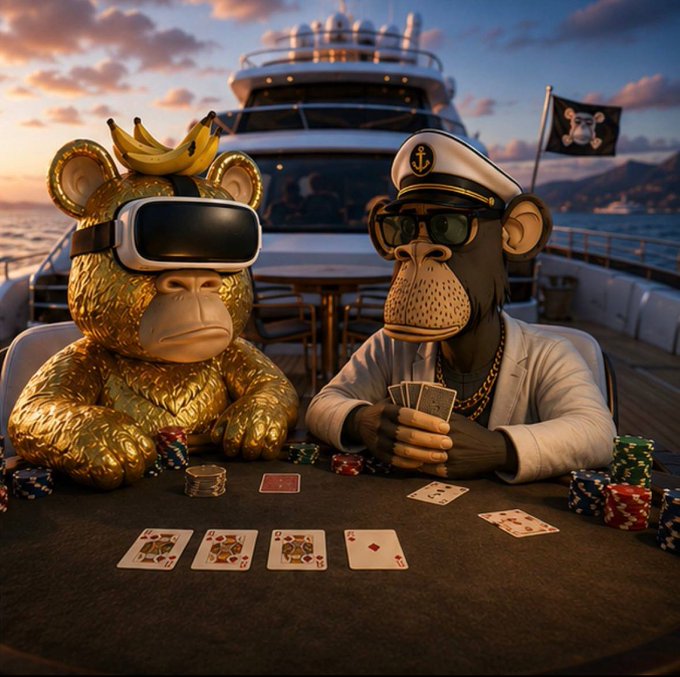 A gold Bored Ape wearing a VR headset with a banana on its head sits across from a sailor-hatted ape captain at a yacht poker table, playing cards and chips during sunset. The image ties into the RakeBears giveaway promo by blending the playful NFT ape aesthetic with the high-stakes poker theme that matches the $100 mint price and $5 prize pool giveaway announcement.
