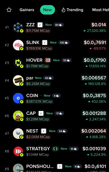A mobile app screenshot showing a "New" tokens list with tickers like ZZZ, SLINK, HOVER, par, COIN, CAP, NEST, STRATEGY, and PONSHOU displaying their prices, market caps, and percentage changes, exemplifying the app's clean interface for tracking trending cryptocurrencies.