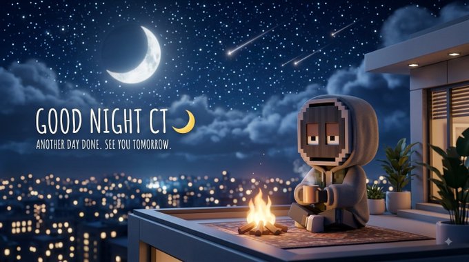 A blocky avatar wearing a hooded robe sits on a rooftop at night, holding a mug beside a small campfire under a starry sky with a crescent moon. The image displays the text "GOOD NIGHT CT" and "ANOTHER DAY DONE. SEE YOU TOMORROW," reinforcing the post's message of winding down after a busy day on Sleepagotchi.