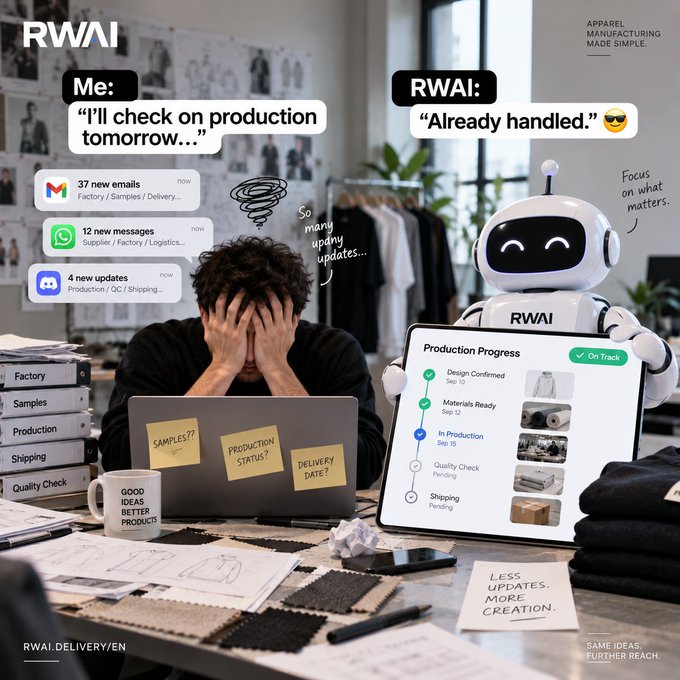 A cluttered office scene contrasts a stressed designer with the RWAI robot, showing messages "37 new emails" (Factory/Samples/Delivery), "12 new messages" (Supplier/Factory/Logistics), and "4 new updates" (Production/QC/Shipping) on the left, while the robot displays a clean "Production Progress" checklist marked "On Track" with Design Confirmed, Materials Ready, In Production, Quality Check Pending, and Shipping Pending, alongside sticky notes reading "SAMPLES??", "PRODUCTION STATUS?", and "DELIVERY DATE?" and the branding "RWAI – Apparel Manufacturing Made Simple," rwai.delivery/en, $RWAI, "Less updates. More creation," and "Same ideas. Further reach."