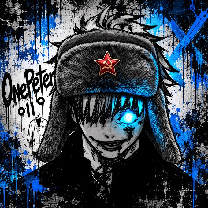 Anime-style illustration of a character wearing a fur ushanka hat featuring a hammer and sickle symbol, with the text 'OnePeter 011' in the background.