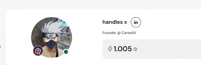 A profile card for 'handles x' identifies them as Founder @ CerealAI, displaying an anime-style avatar with silver hair and a mask, alongside a balance of 1.005 ETH.