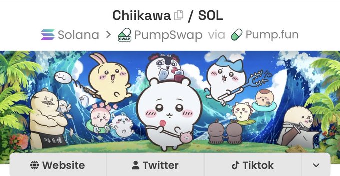 A crypto token page for 'Chiikawa' on the Solana blockchain via PumpSwap and Pump.fun, featuring colorful cartoon characters including a white rabbit and a bear.