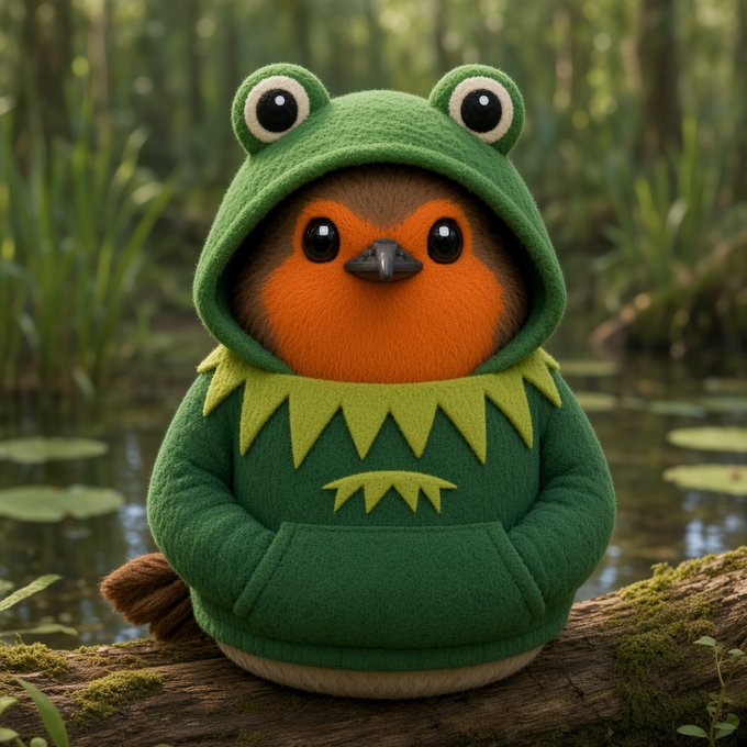 A cute plush toy of an orange bird wearing a green frog-themed hoodie with big eyes sits on a mossy log by a pond.