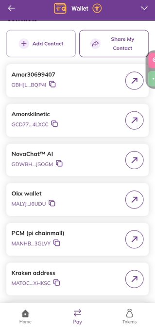 A mobile screenshot of the Pi Wallet "Wallet" screen showing an "Add Contact" button and a "Share My Contact" button at the top, followed by a list of saved contacts including Amor30699407 (GBHJL…BQP4I), Amorskinetic (GCD77…4LXCC), NovaChat™ AI (GDWBH…J5OGM), Okx wallet (MALYJ…J6UDU), PCM (pi chainmall) (MANHB…3GLVY), and Kraken address (MATOC…XHKSC), with Home, Pay, and Tokens navigation at the bottom. The image illustrates the post's point about new wallet refinements that make saving, sharing, and editing Pi addresses easier than the older copy-paste/QR workflow.