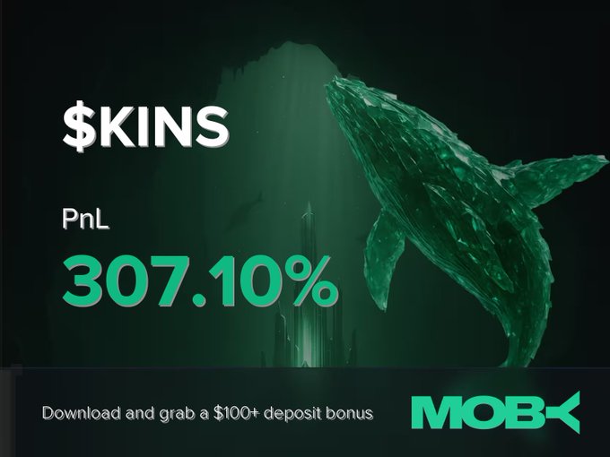 A promotional graphic for Moby showcases a stylized green whale underwater, highlighting a +307.10% PnL win on $KINS with a call-to-action offering a $100+ deposit bonus, matching the post's celebration of the trader's profitable close.