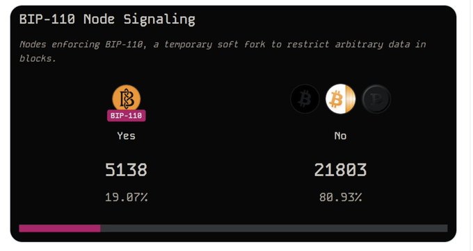 A dashboard shows BIP-110 Node Signaling results, with 5,138 nodes (19.07%) voting "Yes" to enforce the temporary soft fork restricting arbitrary data in blocks, while 21,803 nodes (80.93%) voted "No," aligning with the post's claim of approximately 19% support.