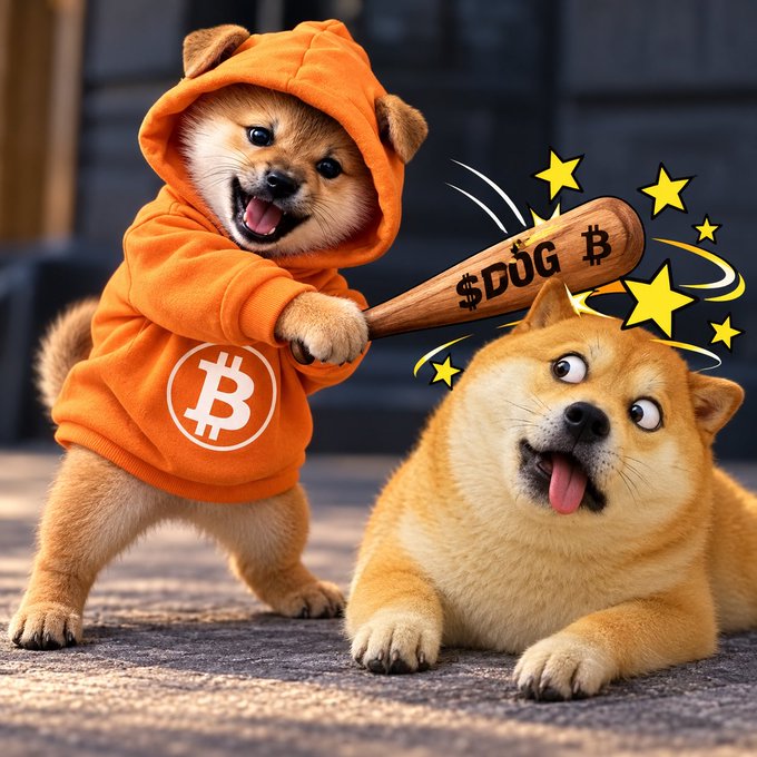 An AI-generated illustration of two Shiba Inu dogs, one wearing an orange Bitcoin hoodie and holding a wooden bat labeled '$DOG $B' over the other, surrounded by yellow stars.