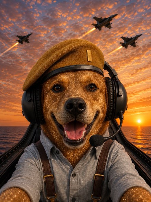 A whimsical AI-generated image shows a happy dog wearing a beret, aviation headset with microphone, and suspenders, sitting in a fighter jet cockpit with other jets flying at sunset.