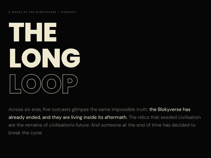 A black promotional graphic titled "THE LONG LOOP" with text "A NOVEL OF THE BLOKYVERSE — CONCEPT" and a synopsis about five outcasts across six eras discovering the Blokyverse has ended.
