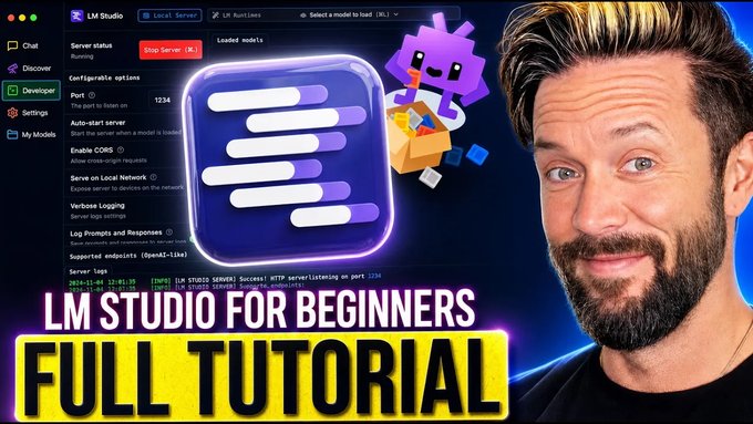 A YouTube tutorial thumbnail titled "LM STUDIO FOR BEGINNERS - FULL TUTORIAL" featuring a bearded man smiling beside the LM Studio developer interface, which displays configuration options for running a local server on port 1234 with status showing "Running" and a stop server button. The image visually promotes the linked tutorial about running AI models locally and privately using LM Studio.