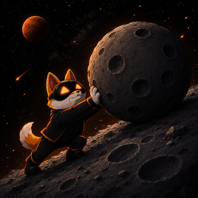 A digital illustration of an anthropomorphic fox character in a dark jacket pushing a large cratered boulder up a steep, rocky slope on the moon, with a reddish planet and starry sky in the background.