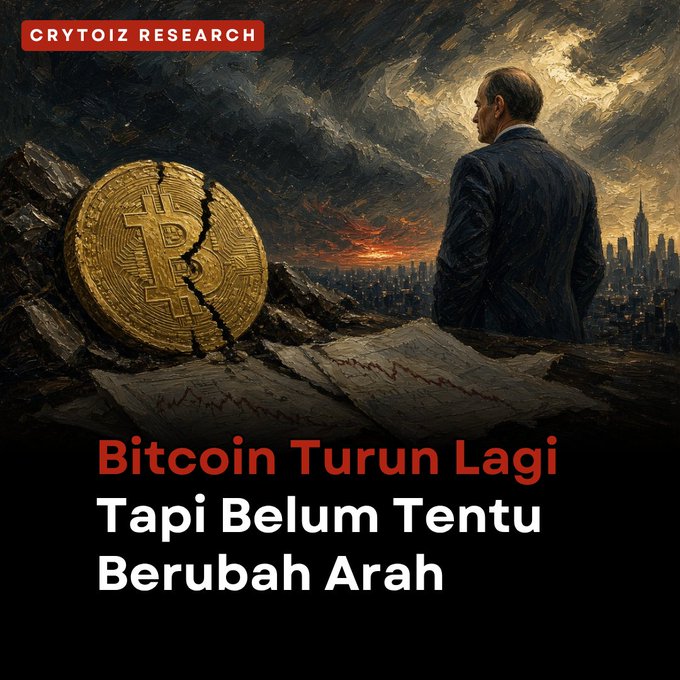 An article thumbnail from 'CRYTOIZ RESEARCH' featuring a cracked golden Bitcoin coin and a man looking at a city skyline, with the Indonesian text 'Bitcoin Turun Lagi Tapi Belum Tentu Berubah Arah' (Bitcoin Drops Again But Not Necessarily Changing Direction).