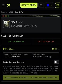 Screenshot of a crypto token page for 'VCAT' (CA: 0xfdce...7777) showing vault information including a 3% buy/sell tax rate, dividends paid in VVV, and a total of 7711.716059 VVV distributed.